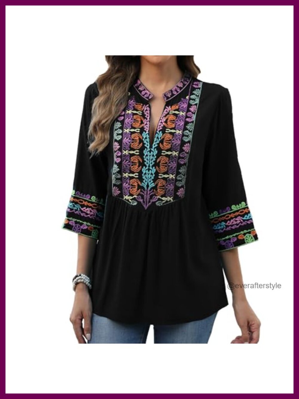 Floral Embroidered Peasant Blouse 3/4 Sleeve V-Neck Boho Tunic Top